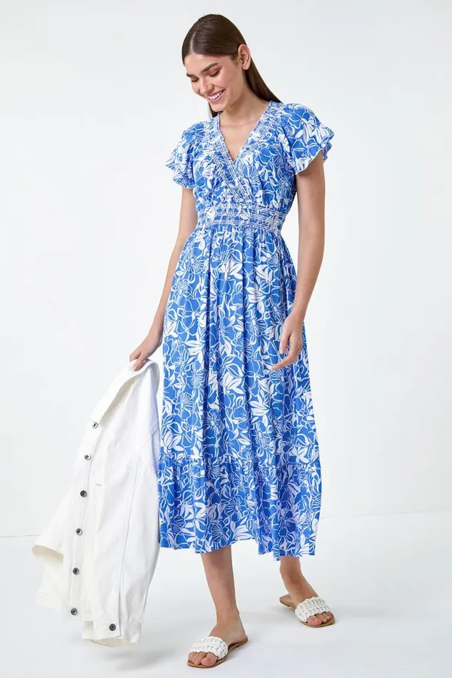 Royal Blue Floral Print Shirred Midi Dress Women Roman Dresses