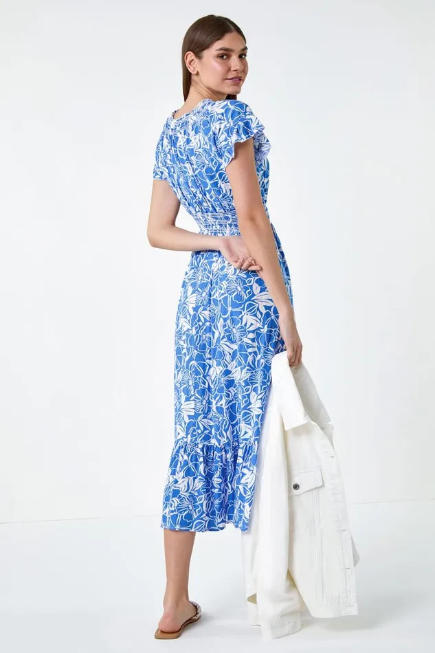 Royal Blue Floral Print Shirred Midi Dress Women Roman Dresses