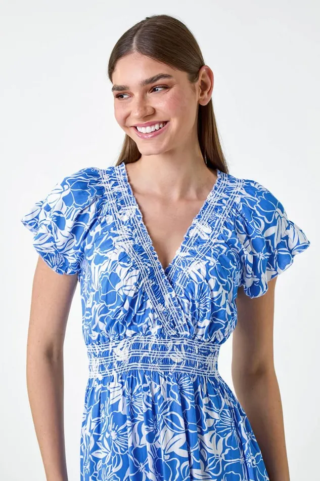 Royal Blue Floral Print Shirred Midi Dress Women Roman Dresses