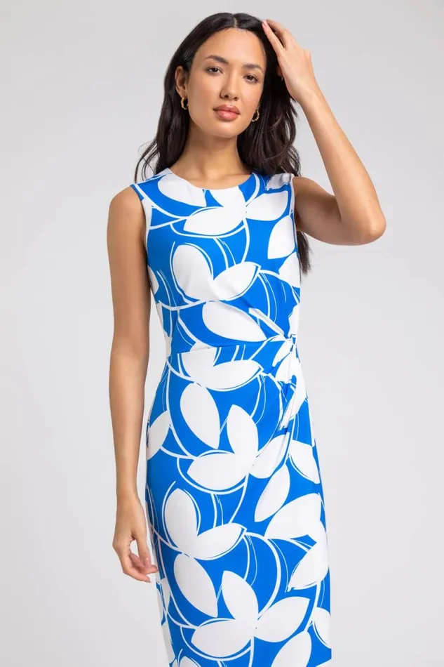 Royal Blue Leaf Print Twist Detail Shift Dress Women Roman Dresses