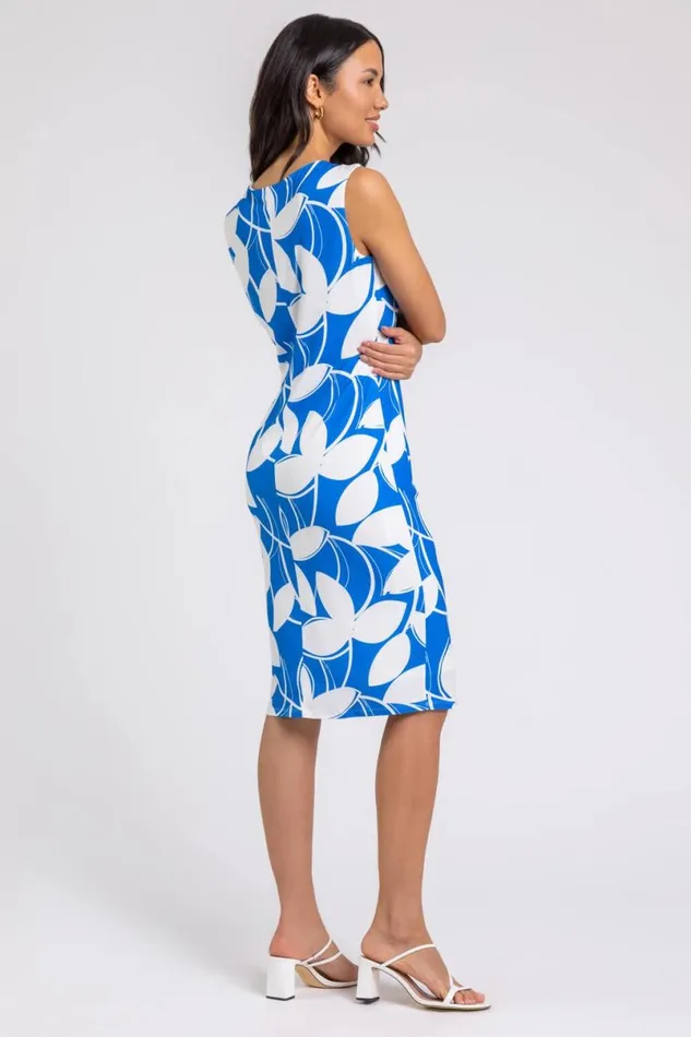 Royal Blue Leaf Print Twist Detail Shift Dress Women Roman Dresses