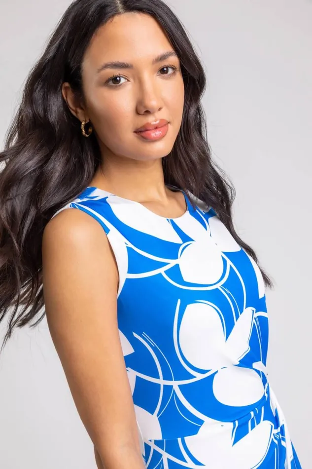 Royal Blue Leaf Print Twist Detail Shift Dress Women Roman Dresses