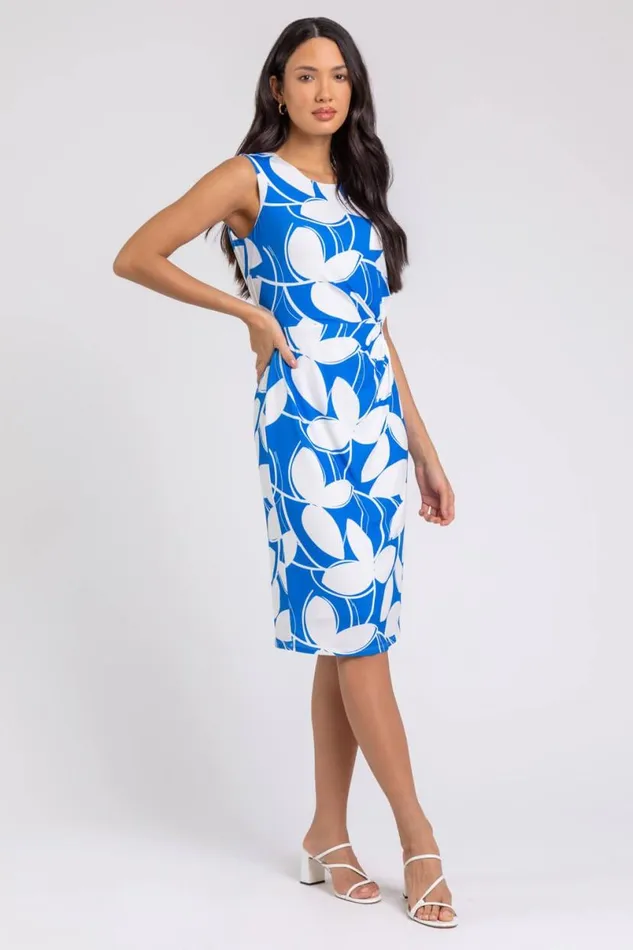 Royal Blue Leaf Print Twist Detail Shift Dress Women Roman Dresses