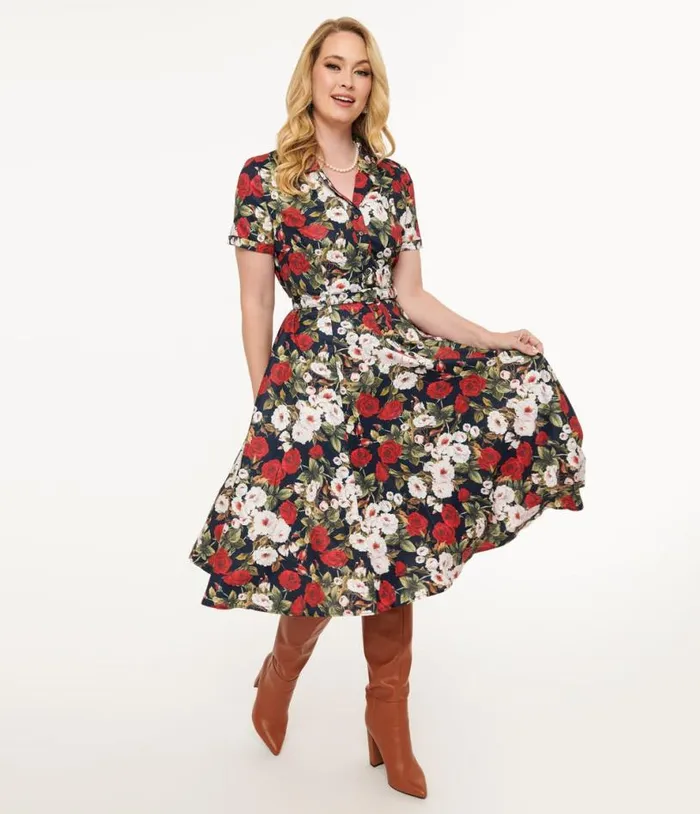 Royal Monk 1950s Dark Rose Fit and Flare Dress Dresses Unique Vintage Midi