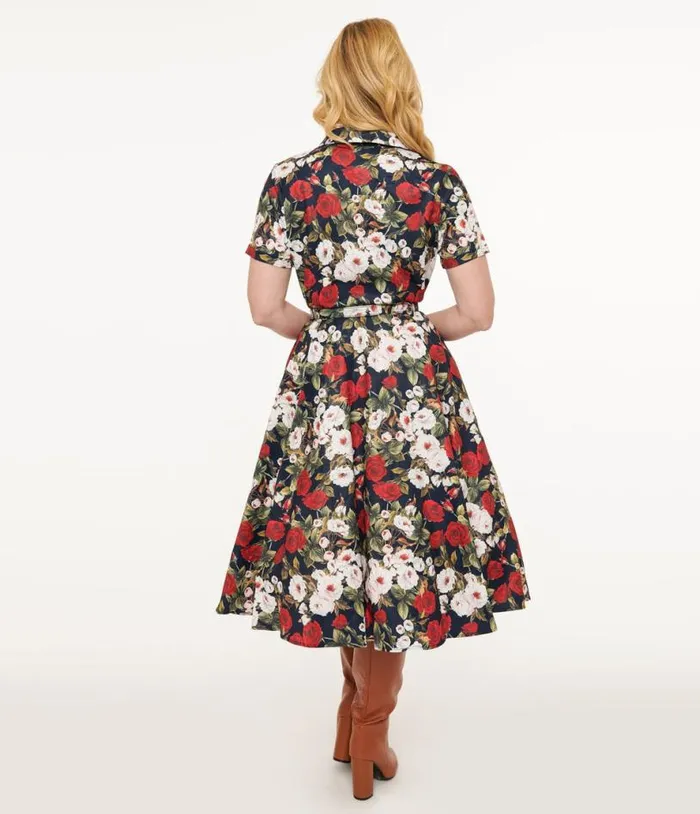 Royal Monk 1950s Dark Rose Fit and Flare Dress Dresses Unique Vintage Midi