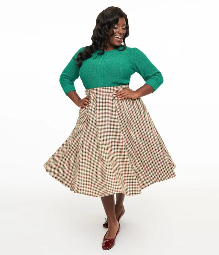 Royal Monk Plus Size 1950s Beige and Black Check Hilda Swing Skirt ClothingPlus Unique Vintage Skirts Royal Monk Plus Size 1950s Beige and Black Check Hilda Swing Skirt ClothingPlus Unique Vintage Skirts