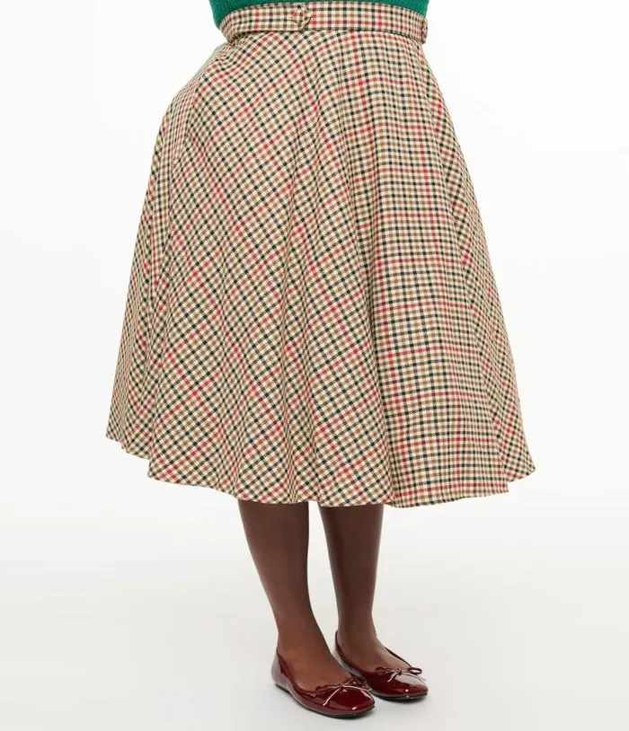 Royal Monk Plus Size 1950s Beige and Black Check Hilda Swing Skirt ClothingPlus Unique Vintage Skirts