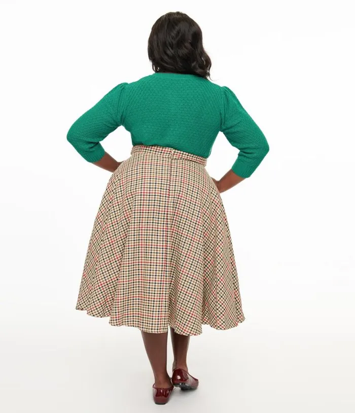 Royal Monk Plus Size 1950s Beige and Black Check Hilda Swing Skirt ClothingPlus Unique Vintage Skirts