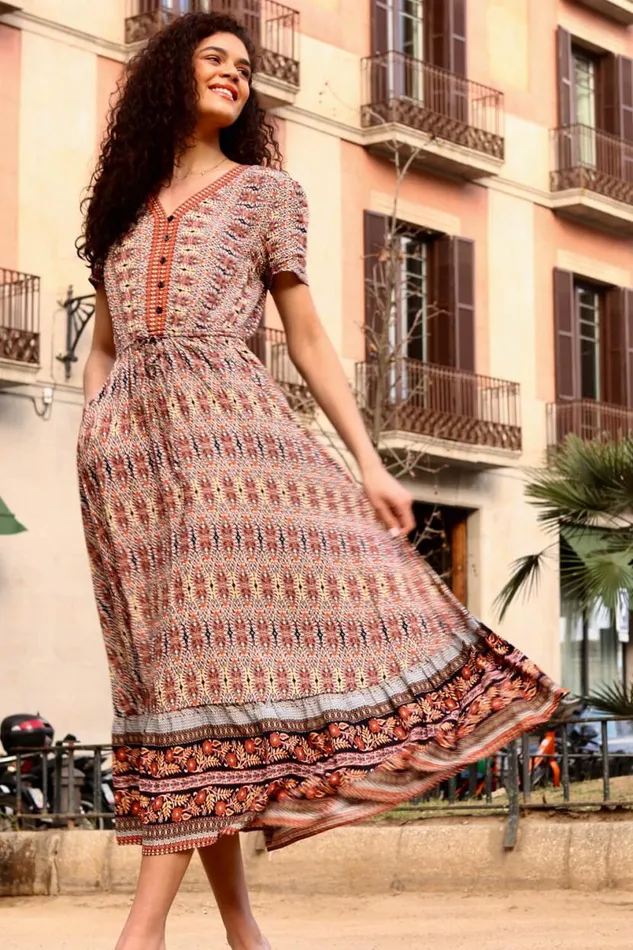 Rust Boho Print Fit And Flare Maxi Dress Women Roman Dresses