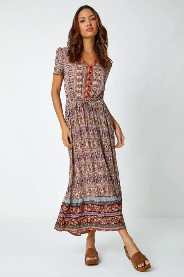 Rust Boho Print Fit And Flare Maxi Dress Women Roman Dresses