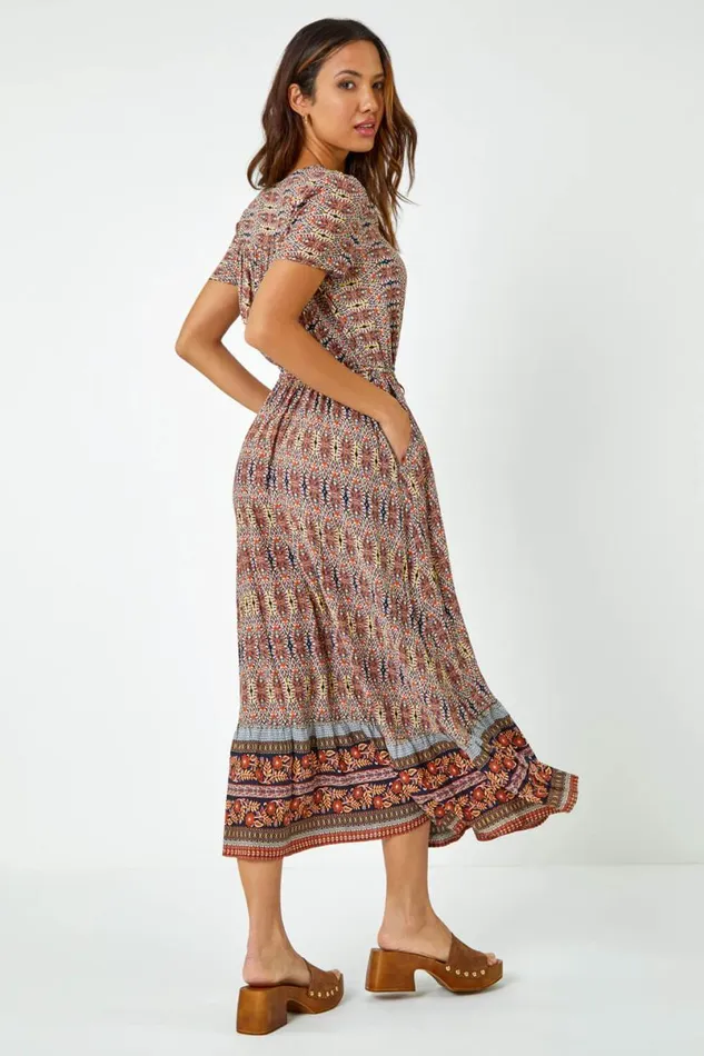 Rust Boho Print Fit And Flare Maxi Dress Women Roman Dresses