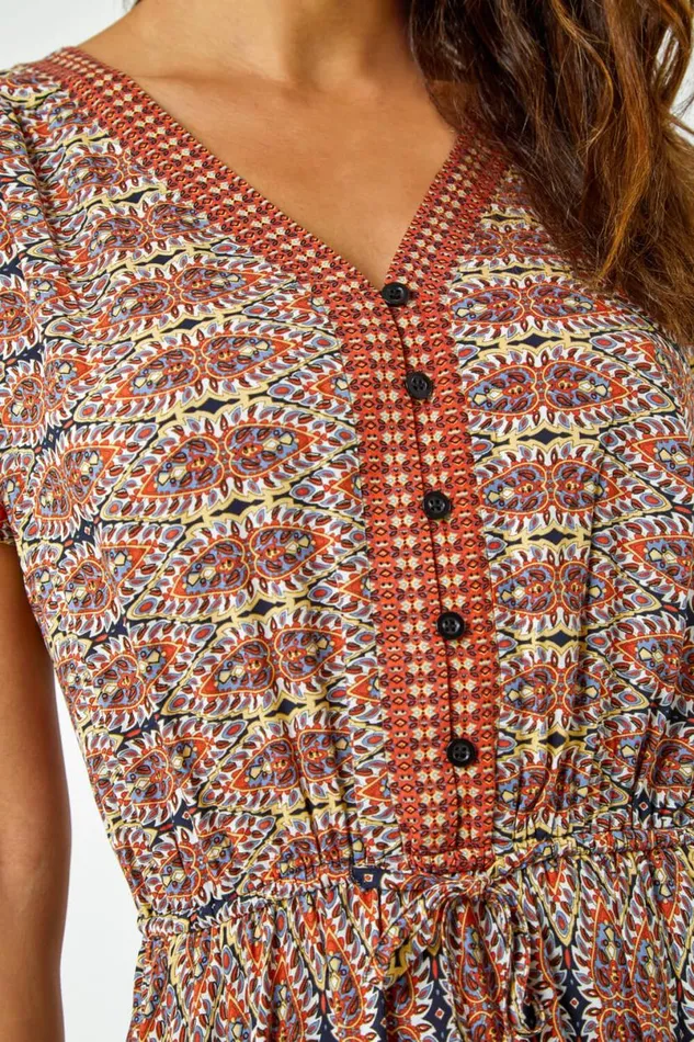 Rust Boho Print Fit And Flare Maxi Dress Women Roman Dresses