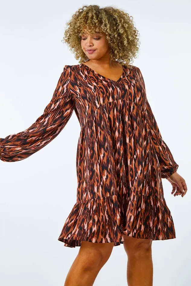 Rust Curve Animal Tiered Tunic Dress Women Roman Dresses