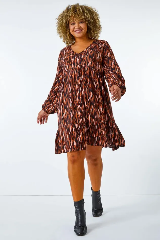 Rust Curve Animal Tiered Tunic Dress Women Roman Dresses