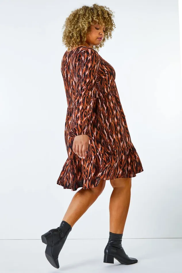 Rust Curve Animal Tiered Tunic Dress Women Roman Dresses