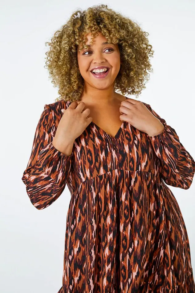 Rust Curve Animal Tiered Tunic Dress Women Roman Dresses