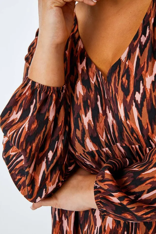 Rust Curve Animal Tiered Tunic Dress Women Roman Dresses