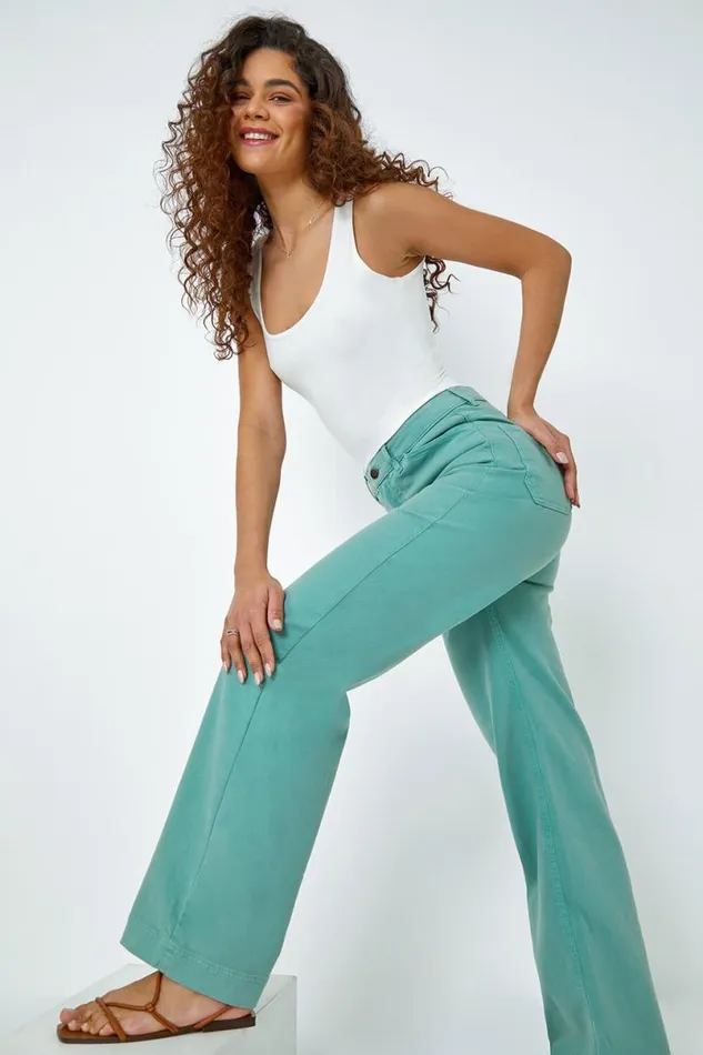 Sage Cotton Blend Wide Leg Stretch Jeans Women Roman Trousers