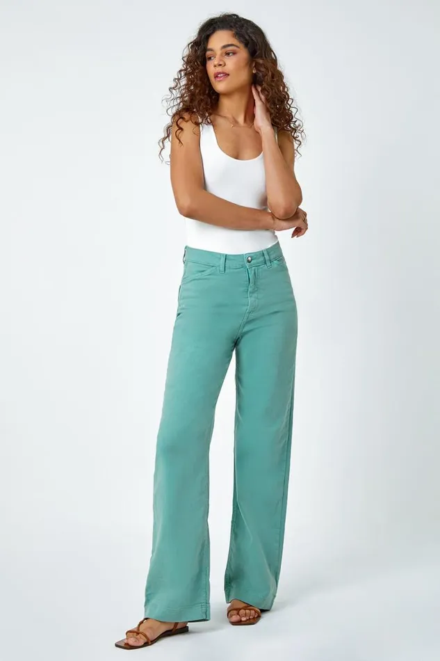 Sage Cotton Blend Wide Leg Stretch Jeans Women Roman Trousers