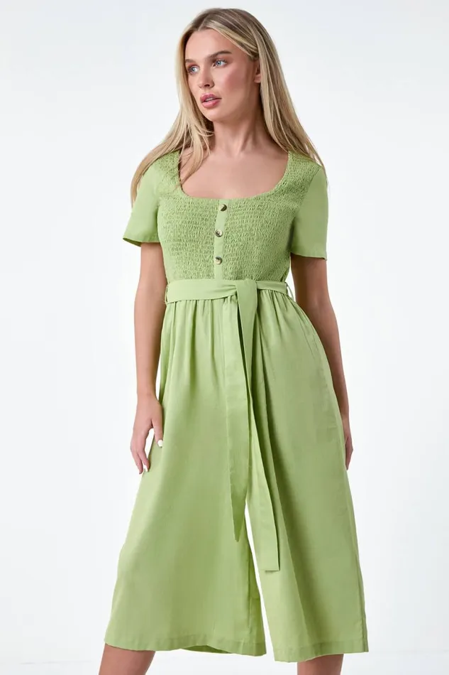 Sage Petite Shirred Button Detail Culotte Jumpsuit Women Roman Dresses