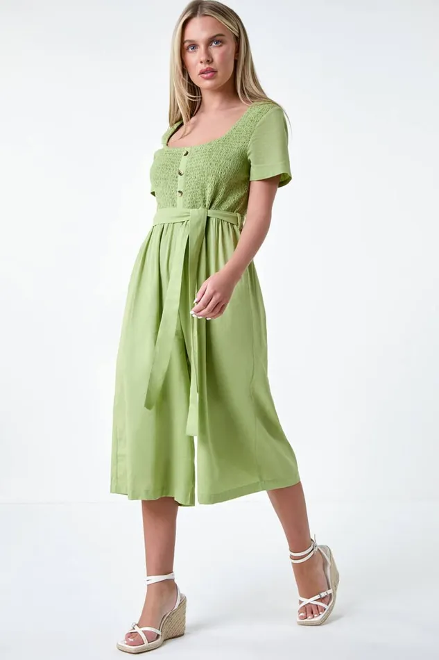Sage Petite Shirred Button Detail Culotte Jumpsuit Women Roman Dresses