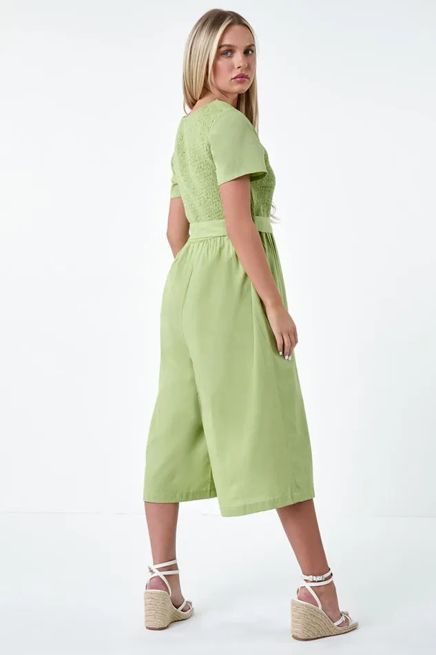 Sage Petite Shirred Button Detail Culotte Jumpsuit Women Roman Dresses