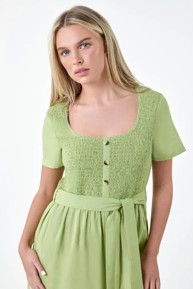 Sage Petite Shirred Button Detail Culotte Jumpsuit Women Roman Dresses