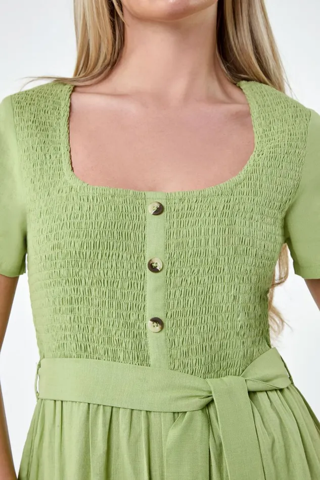 Sage Petite Shirred Button Detail Culotte Jumpsuit Women Roman Dresses