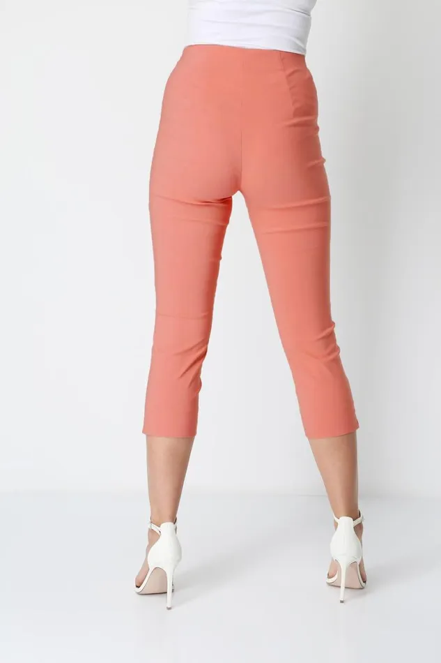 Salmon Pink Elastic Waist Stretch Cropped Trousers Women Roman Coords