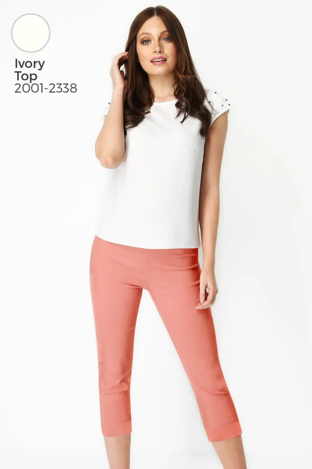 Salmon Pink Elastic Waist Stretch Cropped Trousers Women Roman Coords