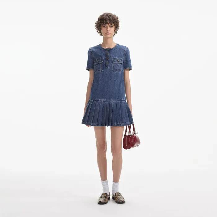 Self Portrait Denim Pleated Denim Mini Dress 8211 Women
