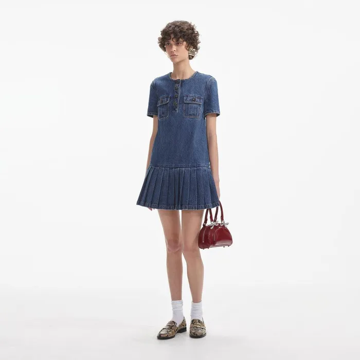 Self Portrait Denim Pleated Denim Mini Dress 8211 Women