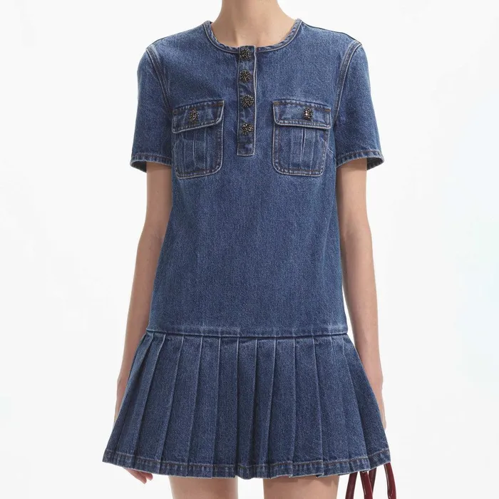 Self Portrait Denim Pleated Denim Mini Dress 8211 Women