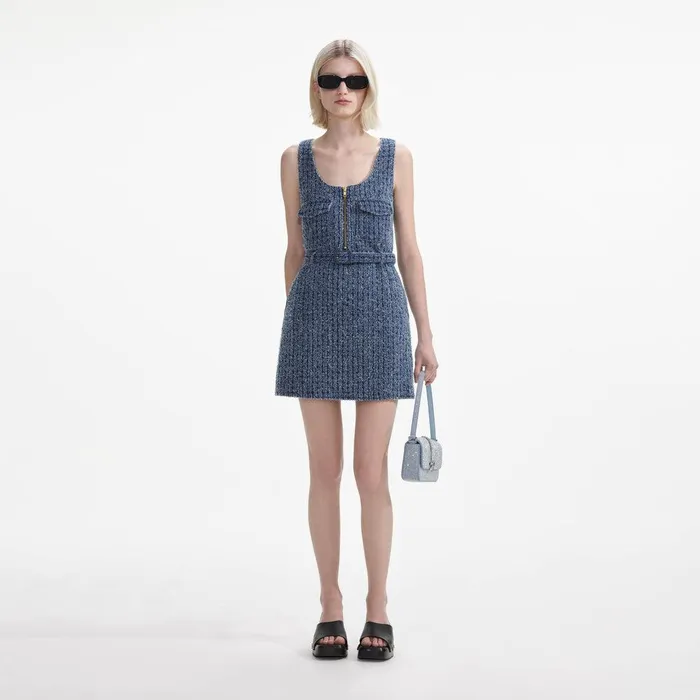 Self Portrait Denim Textured Denim Mini Dress 8211 Women