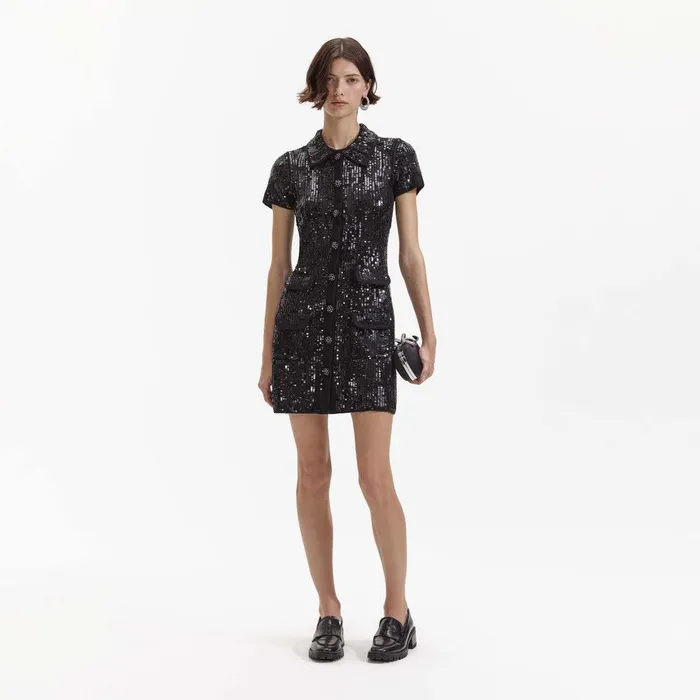 Self Portrait Dresses Black Knit Sequin Mini Dress 8211 Women