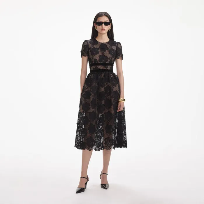 Self Portrait Dresses Black Lace Velvet Bow Midi Dress 8211 Women