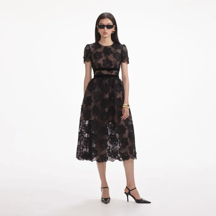 Self Portrait Dresses Black Lace Velvet Bow Midi Dress 8211 Women