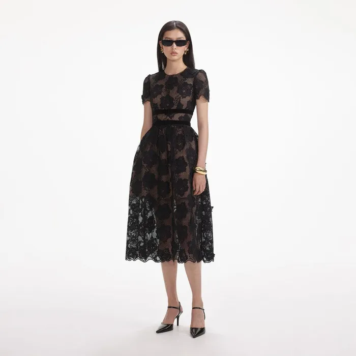 Self Portrait Dresses Black Lace Velvet Bow Midi Dress 8211 Women
