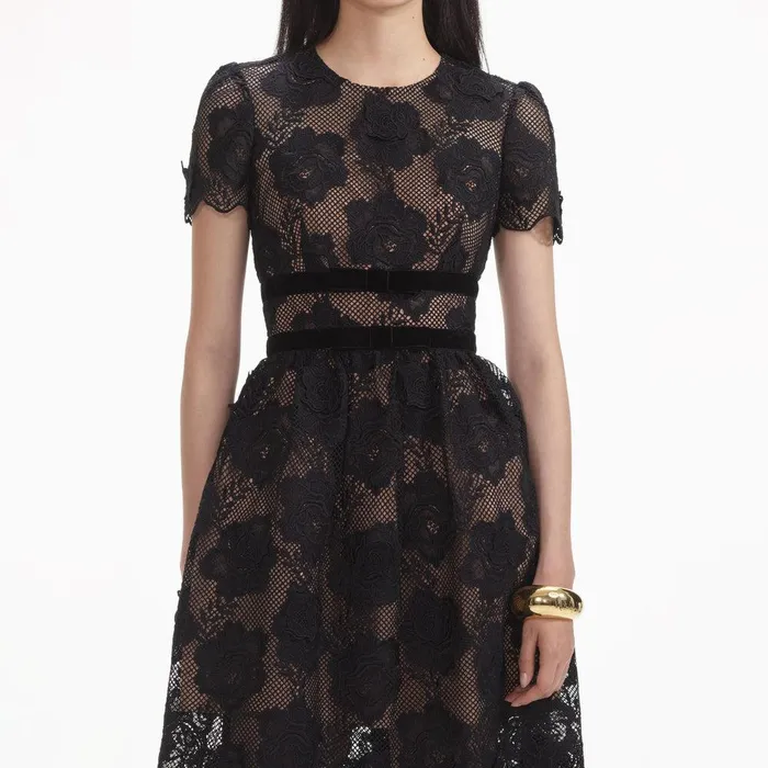 Self Portrait Dresses Black Lace Velvet Bow Midi Dress 8211 Women