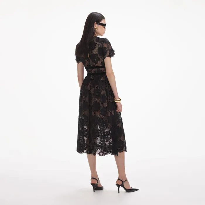 Self Portrait Dresses Black Lace Velvet Bow Midi Dress 8211 Women
