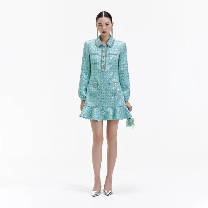 Self Portrait Dresses Blue Boucle Collared Mini Dress 8211 Women