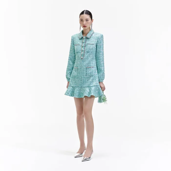 Self Portrait Dresses Blue Boucle Collared Mini Dress 8211 Women