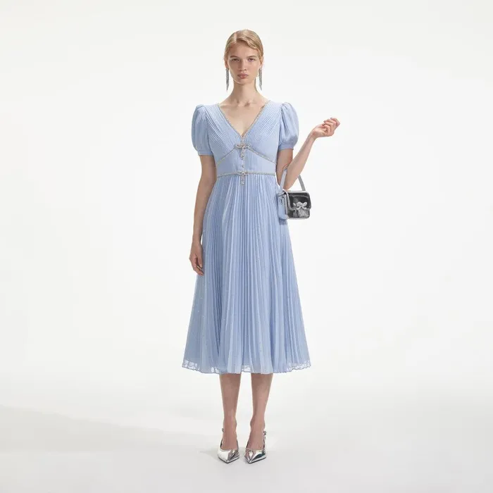 Self Portrait Dresses Blue Metallic Chiffon Midi Dress 8211 Women