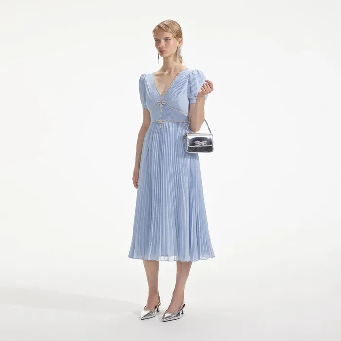 Self Portrait Dresses Blue Metallic Chiffon Midi Dress 8211 Women
