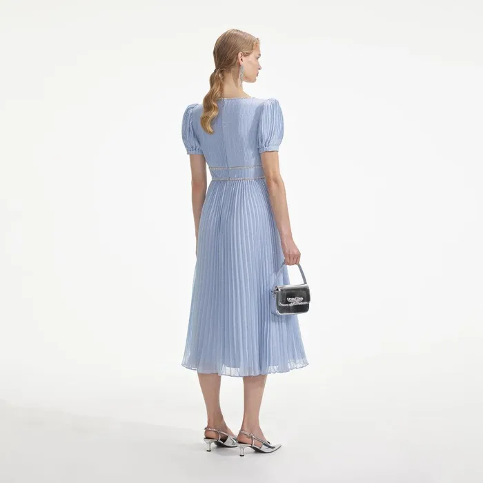 Self Portrait Dresses Blue Metallic Chiffon Midi Dress 8211 Women