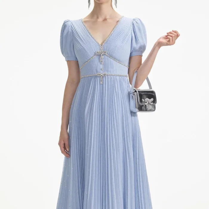 Self Portrait Dresses Blue Metallic Chiffon Midi Dress 8211 Women