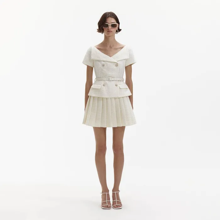 Self Portrait Dresses Cream Boucle Pleated Mini Dress 8211 Women