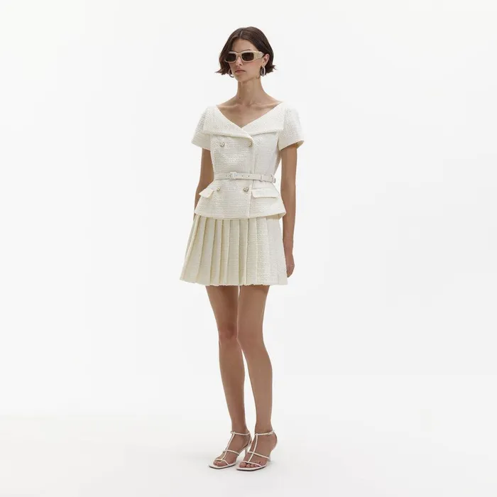 Self Portrait Dresses Cream Boucle Pleated Mini Dress 8211 Women