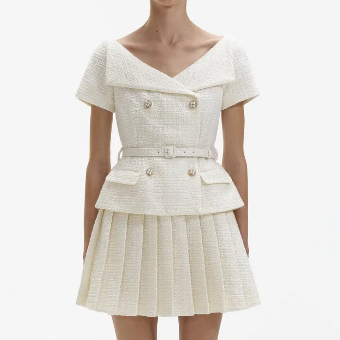 Self Portrait Dresses Cream Boucle Pleated Mini Dress 8211 Women