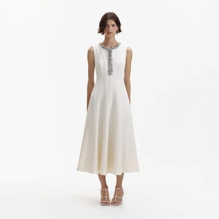 Self Portrait Dresses Cream Crepe Embellished Midi Dress 8211 Women